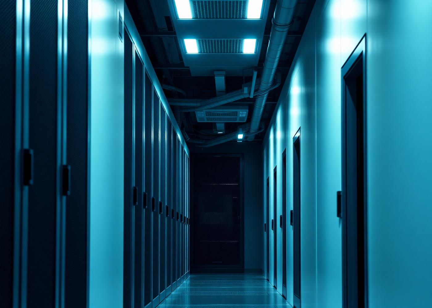 Corridor of server racks in a modern data centre lit in cool blue tones