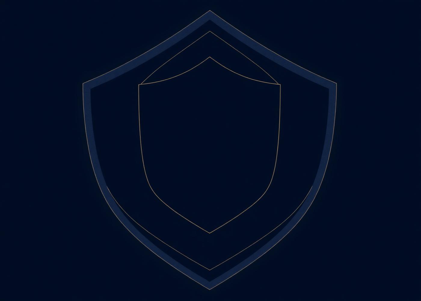Minimal geometric shield outline drawn in thin lines on a deep navy field