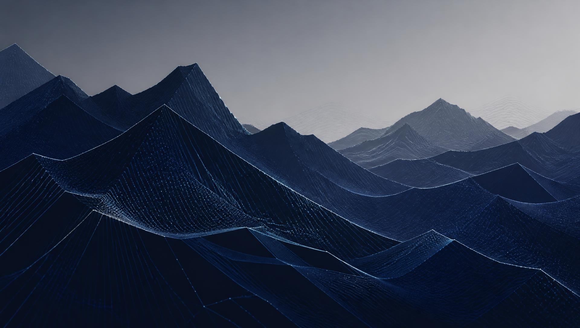 Abstract navy mountain ridges rendered as fine data lines and topographic contours