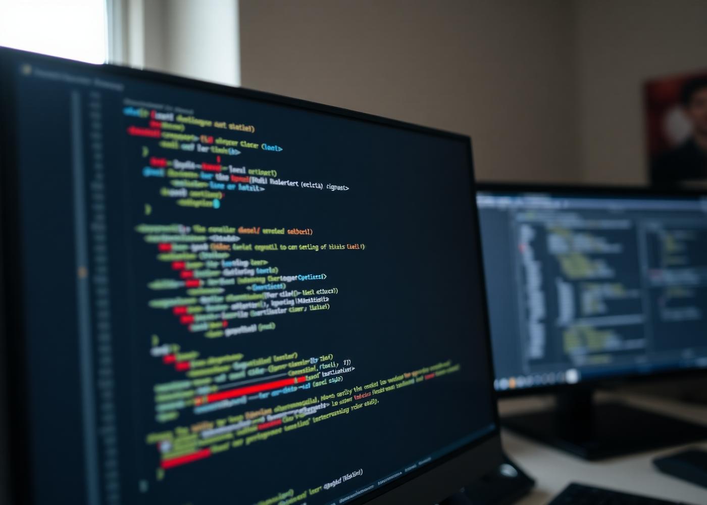 Developer workstation showing source code on a monitor in a softly lit office