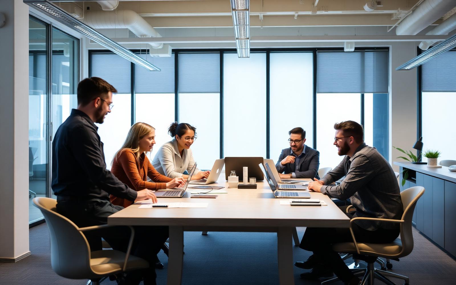 Technology team reviewing work together around a table in a bright modern office